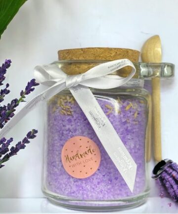 Lavender Fragrance Natural Bath Salts in a Glass Jar with scoop (225gr)