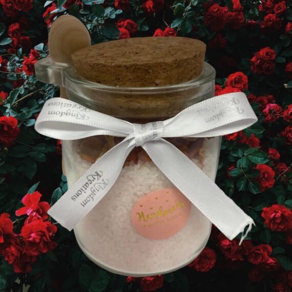 Tea Rose Fragrance Natural Bath Salts in a Glass Jar with scoop (225gr) handmade fever