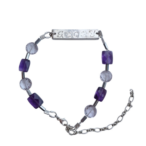 Handmade Bracelet with Amythyst and Crystal Gemstones and Silver Handstamped Grace wording