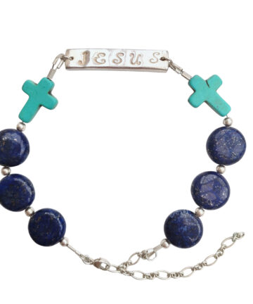 Handmade Bracelet with Lapis Lazulli and Turquise Cross Gemstones and Handstamped Jesus handmade fever