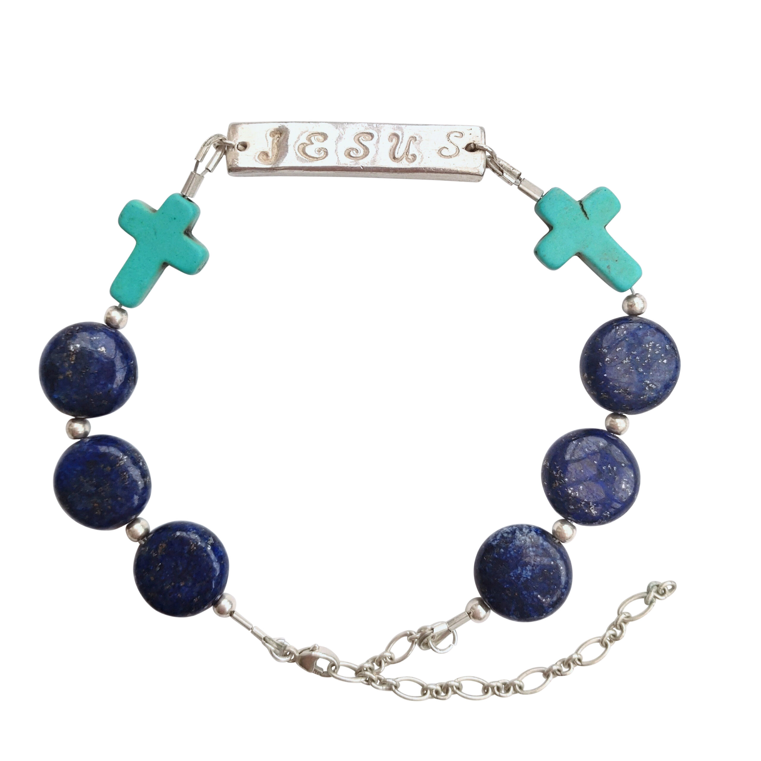 Handmade Bracelet with Lapis Lazulli and Turquise Cross Gemstones and Handstamped Jesus handmade fever