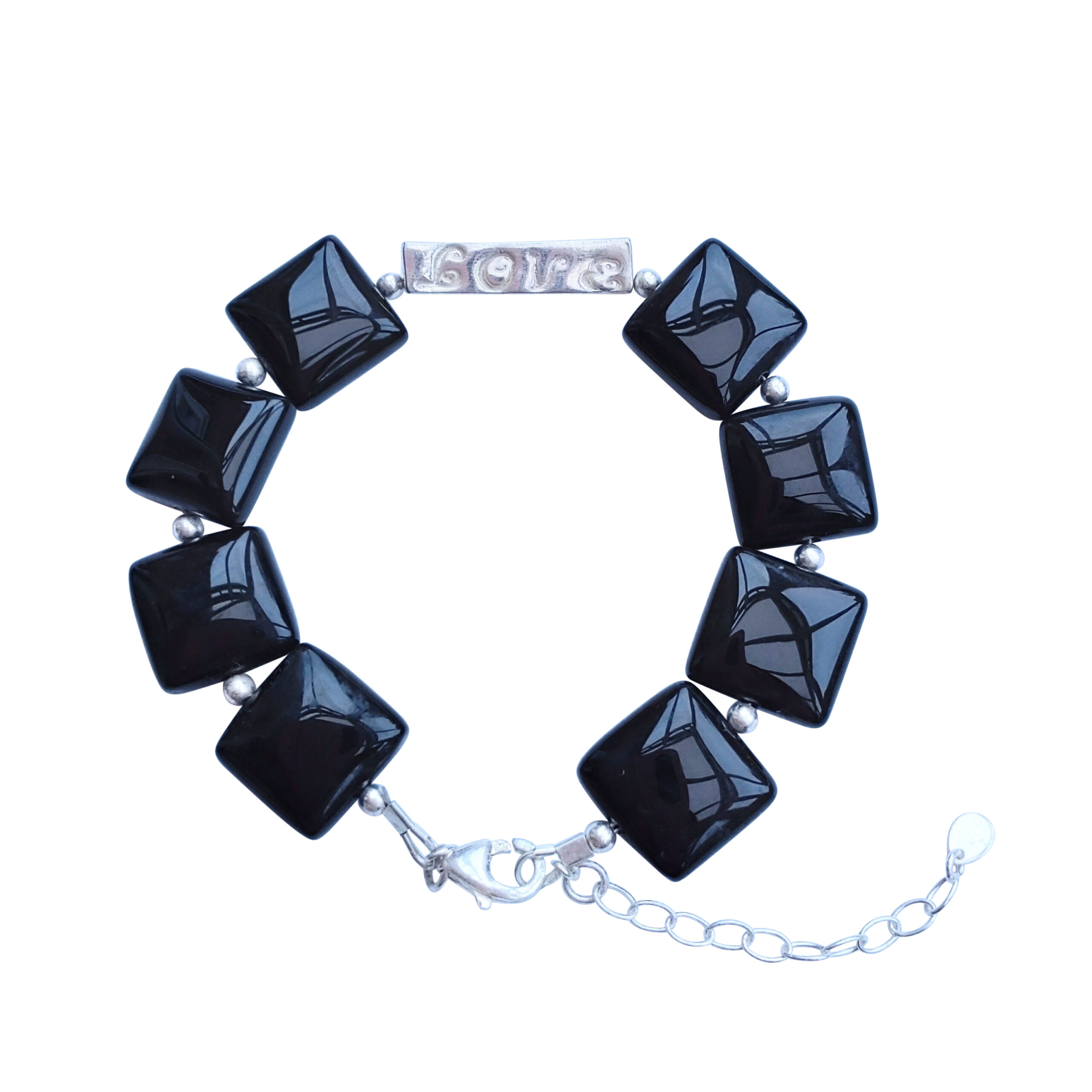 Handmade Bracelet with Onyx Gemstones and Silver Handstamped Love wording handmade fever