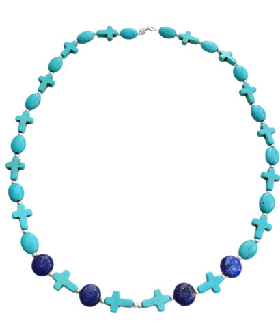 Handmade Necklace with Turquise Cross Gemstones and lapis lazulli coin bead gemstones - handmade fever