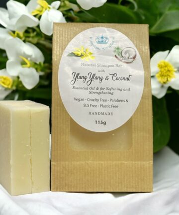 Natural Handmade Shampoo bar Ylang Ylang and Coconut for Softening and Strengthening : Saponified Olive, Coconut, Neem, Castor and Avocado Oils, Sheaand Capuaca Butters, Vit E, Silk Protein, Netlle Powder, Ylang Ylang Essential Oil Indulge in Luxurious Hair Care: Discover the Benefits of our Natural Handmade Shampoo Bar Infused with Ylang Ylang and Coconut Elevate your hair care routine with our meticulously crafted Natural Handmade Shampoo Bar, formulated to provide a luxurious and nourishing experience for your hair. Enriched with the exquisite essence of Ylang Ylang and the natural goodness of Coconut, this shampoo bar is designed to soften and strengthen your hair, leaving it feeling revitalized and lustrous. In this article, we delve into the unique qualities of our shampoo bar, highlighting the benefits of Ylang Ylang and Coconut for hair care, and the reasons why it's a must-have addition to your beauty regimen. Ylang Ylang: Enhancing Softness and Shine Known for its exquisite floral fragrance and natural conditioning properties, Ylang Ylang works wonders in softening and smoothing the hair, leaving it with a delicate and alluring scent. Its hydrating qualities help to lock in moisture and restore natural shine, making it an ideal ingredient for promoting luscious and manageable hair. The presence of Ylang Ylang in our shampoo bar aims to provide your hair with a touch of opulence and a delicate floral essence, creating an indulgent and rejuvenating shower experience. Coconut: Nourishment and Strengthening Celebrated for its nourishing and strengthening properties, Coconut is a natural emollient that deeply penetrates the hair shaft, promoting hair strength and vitality. Its rich composition of vitamins and minerals helps to revitalize the scalp and promote healthy hair growth, while its moisturizing effects add a lustrous and silky texture to your locks. The infusion of Coconut in our shampoo bar aims to provide your hair with a nourishing and strengthening experience, ensuring a natural and healthy radiance that lasts throughout the day. Crafting Your Luxurious Hair Care Ritual: Using Our Shampoo Bar Wet: Wet your hair thoroughly. Lather: Rub the Natural Handmade Shampoo Bar between your hands to create a rich lather. Massage: Gently massage the lather into your scalp and along the length of your hair. Rinse: Thoroughly rinse your hair with water until all traces of the shampoo are removed. Repeat: For best results, repeat the process and follow up with a suitable conditioner to lock in the nourishing benefits. Our Natural Handmade Shampoo Bar, infused with the enriching properties of Ylang Ylang and Coconut, is meticulously crafted to provide your hair with a luxurious and nourishing experience. With its softening and strengthening qualities, this shampoo bar invites you to indulge in a moment of opulence and rejuvenation, promoting soft, lustrous, and resilient hair that exudes natural beauty and vitality. Transform your hair care routine with our exquisite shampoo bar, designed to provide your locks with the natural care and nourishment they deserve.