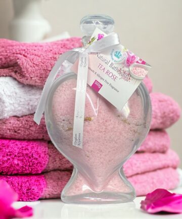 Valentines Tea Rose Bath Salts in a Heart Shaped Glass Jar
